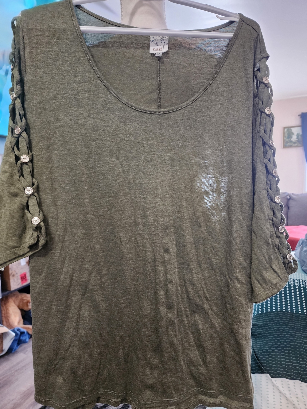 NAIF Olive Green Short Sleeve Top with Lattice Button Sleeves